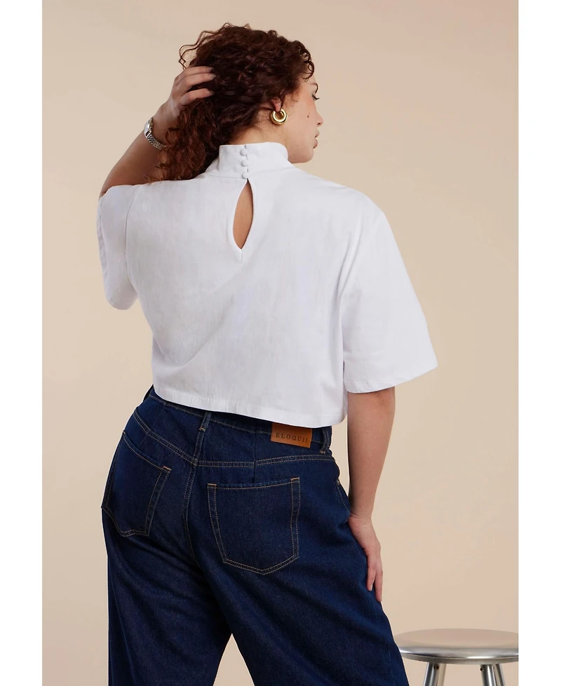 Eloquii Women's Shirred Mockneck Top With Sheer Sleeve