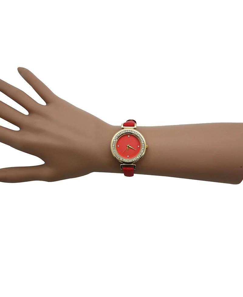 Olivia Pratt Red Faux Leather Solid Colors and Rhinestones Women Watch