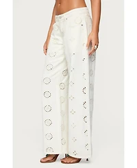 Edikted Womens Eyelet Low Rise Wide Leg Jeans