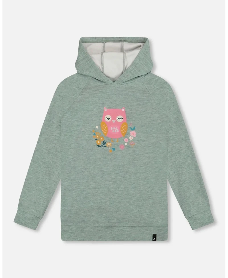 Deux par Girl Hooded Tunic Sage Green with Owl Print