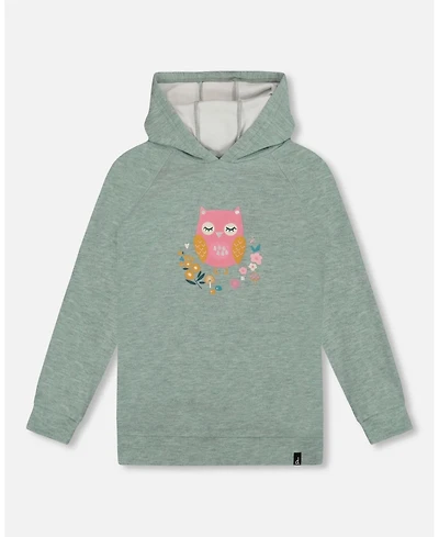Deux par Girl Hooded Tunic Sage Green with Owl Print - Child
