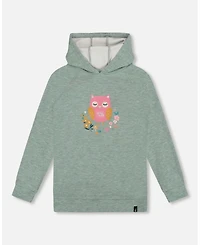 Deux par Girl Hooded Tunic Sage Green with Owl Print