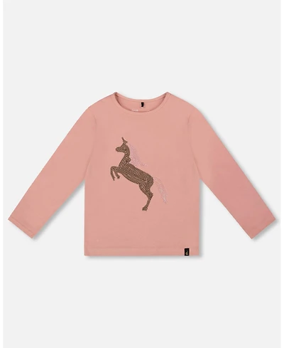 Deux par Girl Cotton Long Sleeve T-Shirt Dusty Pink with Sequin Unicorn - Toddler|Child