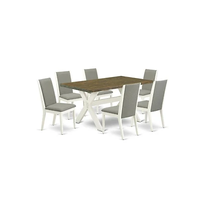 East West Furniture 7-Piece Gorgeous Dining Set an Excellent Distressed Jacobean Rectangular Dining Table Top and 6 Gorgeous Linen Fabric Dining Chair