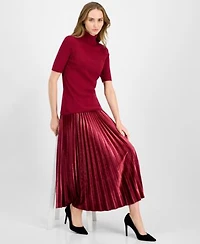 Anne Klein Womens Half Sleeve Turtleneck Sweater Velvet Pleated Flared Midi Skirt