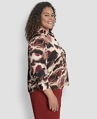 Dkny Plus Printed Pleat-Front 3/4-Sleeve Blouse