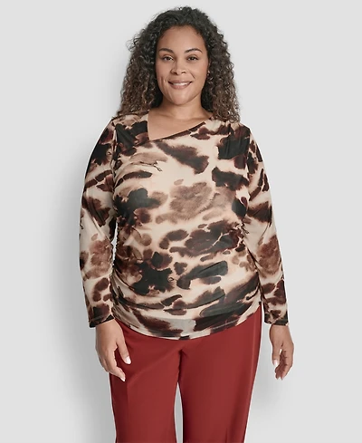 Dkny Plus Asymmetrical Neck Side Ruched Long Sleeve Top