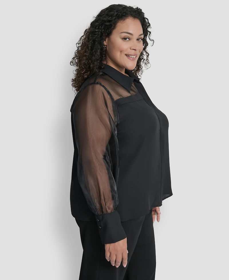 Dkny Plus Collared Mixed-Media Illusion Blouse