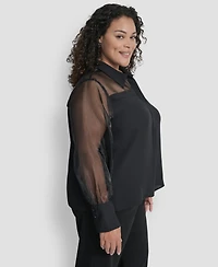 Dkny Plus Collared Mixed-Media Illusion Blouse