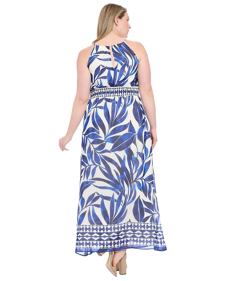 London Times Plus Printed Halter-Neck Maxi Dress