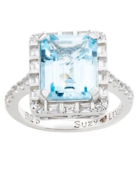 Suzy Levian New York Sterling Silver Emerald Cut Topaz Halo Ring