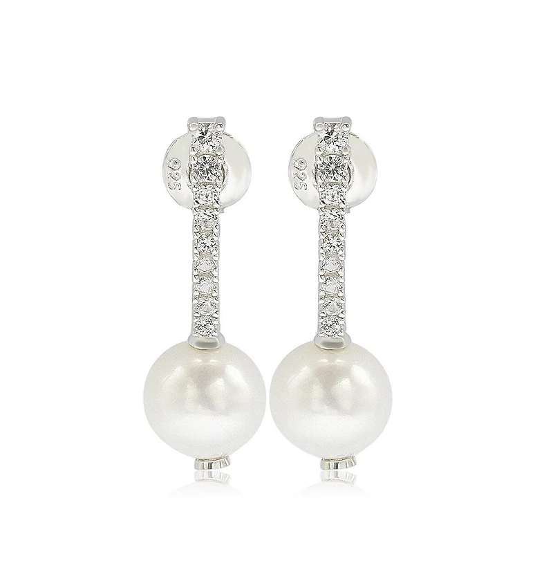 Suzy Levian Sterling Silver Pearl & White Sapphire Dangle Earrings