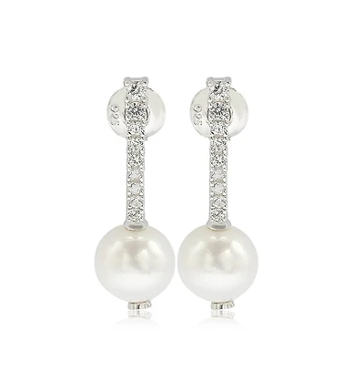 Suzy Levian Sterling Silver Pearl & White Sapphire Dangle Earrings