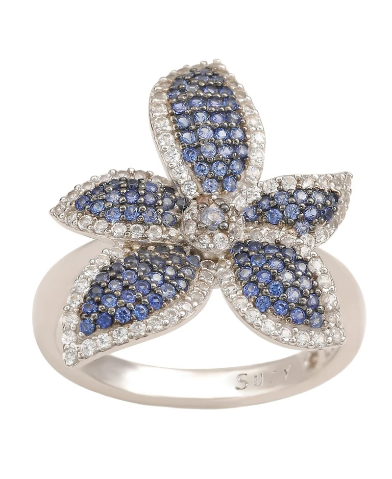 Suzy Levian New York Sterling Silver Sapphire & White Flower Ring