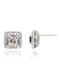 Suzy Levian Sterling Silver Square Cut Sapphire & Created White Double Halo Stud Earrings