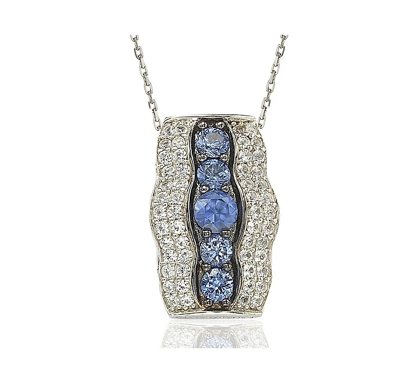 Suzy Levian Sterling Silver Sapphire & Created White Curvy Frame 5 Stone Pendant Necklace