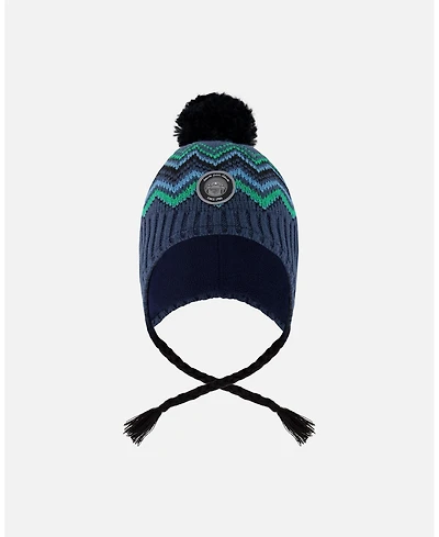 Deux par Boy Lined Peruvian Knit Pompom Hat Blue and Green - Toddler|Child