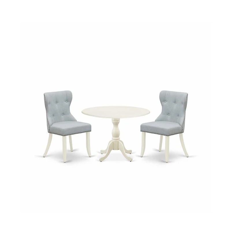 East West Furniture 3 Piece Kitchen Table Set Consists of 1 Drop Leaves Dining Table and 2 Baby Blue Linen Fabric Parson Chairs Button Tufted Back wit
