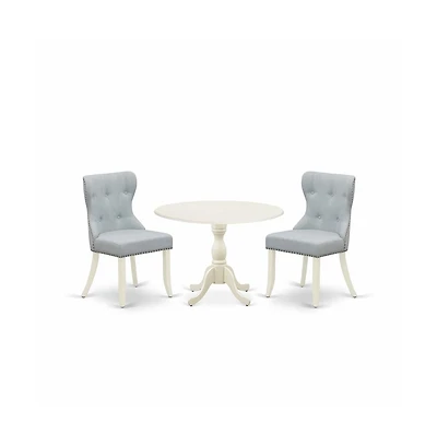 East West Furniture 3 Piece Kitchen Table Set Consists of 1 Drop Leaves Dining Table and 2 Baby Blue Linen Fabric Parson Chairs Button Tufted Back wit