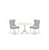 East West Furniture 3 Piece Kitchen Table Set Consists of 1 Drop Leaves Dining Table and 2 Baby Blue Linen Fabric Parson Chairs Button Tufted Back wit