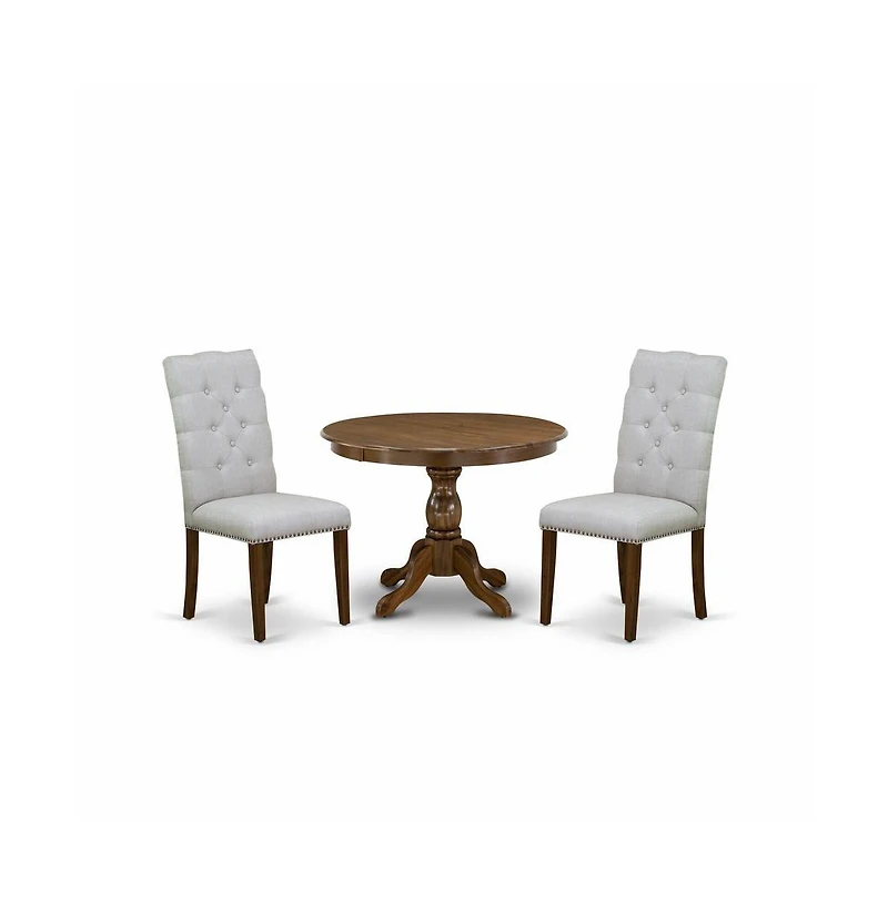 East West Furniture 3 Piece Dining Table Set - Acacia Walnut Small Kitchen Table and 2 Grey Linen Fabric Dining Chairs with Panel Back