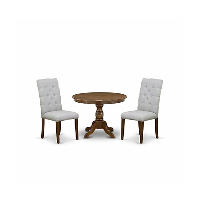 East West Furniture 3 Piece Dining Table Set - Acacia Walnut Small Kitchen Table and 2 Grey Linen Fabric Dining Chairs with Panel Back