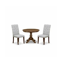 East West Furniture 3 Piece Dining Table Set - Acacia Walnut Small Kitchen Table and 2 Grey Linen Fabric Dining Chairs with Panel Back