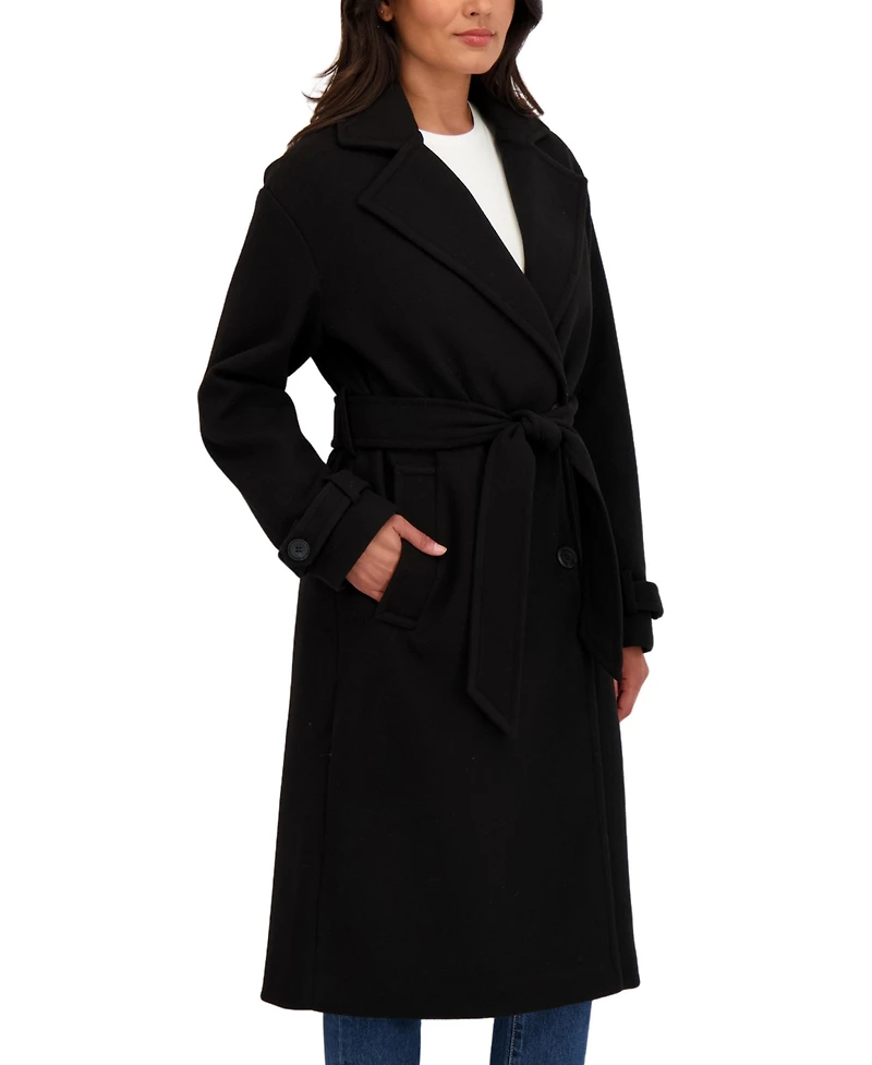 Sebby Collection Women's Long Belted Oversized Double Breasted Faux Wool Coat