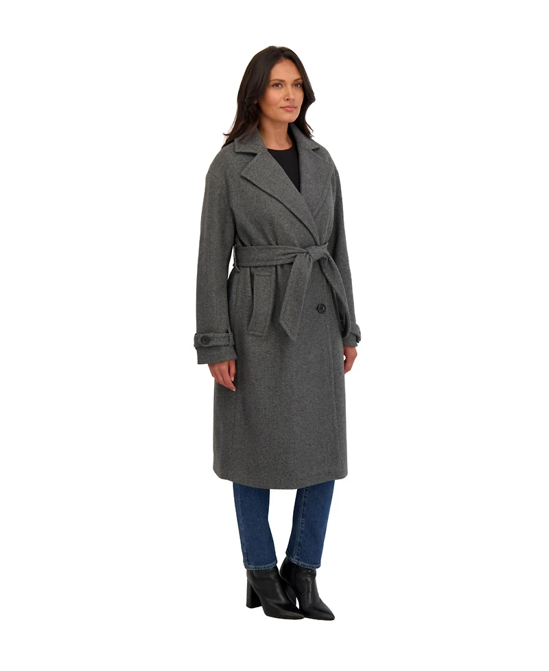 Sebby Collection Women's Long Belted Oversized Double Breasted Faux Wool Coat
