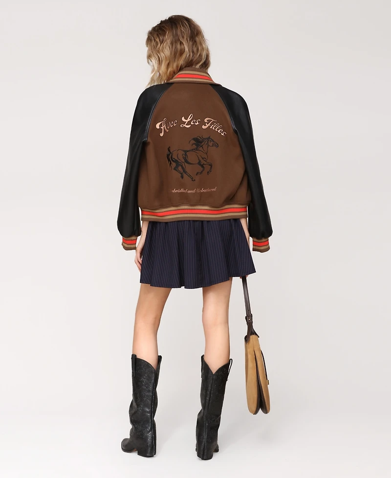 Avec Les Filles Women's Combo Sleeve and Roll Collar Varsity Bomber Jacket
