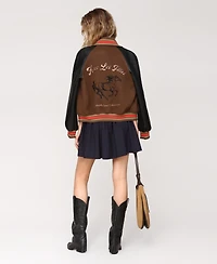 Avec Les Filles Women's Combo Sleeve and Roll Collar Varsity Bomber Jacket
