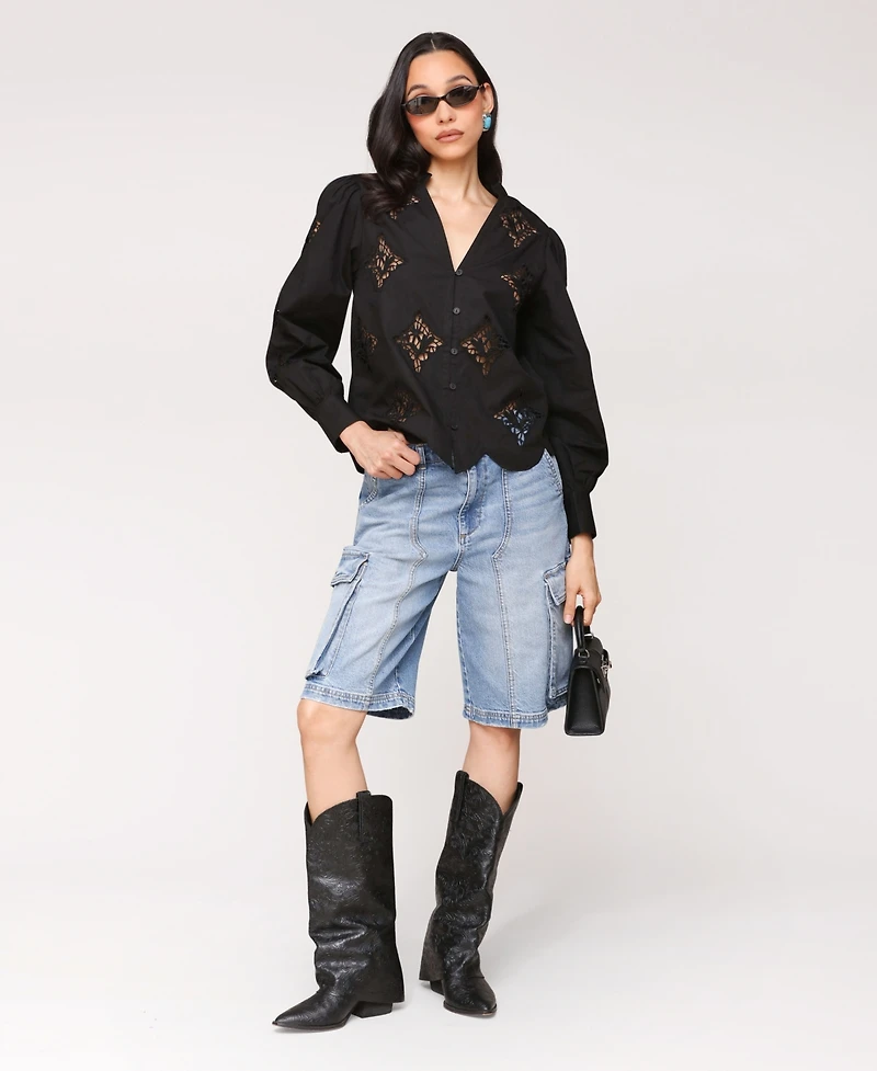 Avec Les Filles Women's Puff Sleeve Cropped Lace Scallop Button Up Blouse