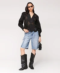 Avec Les Filles Women's Puff Sleeve Cropped Lace Scallop Button Up Blouse