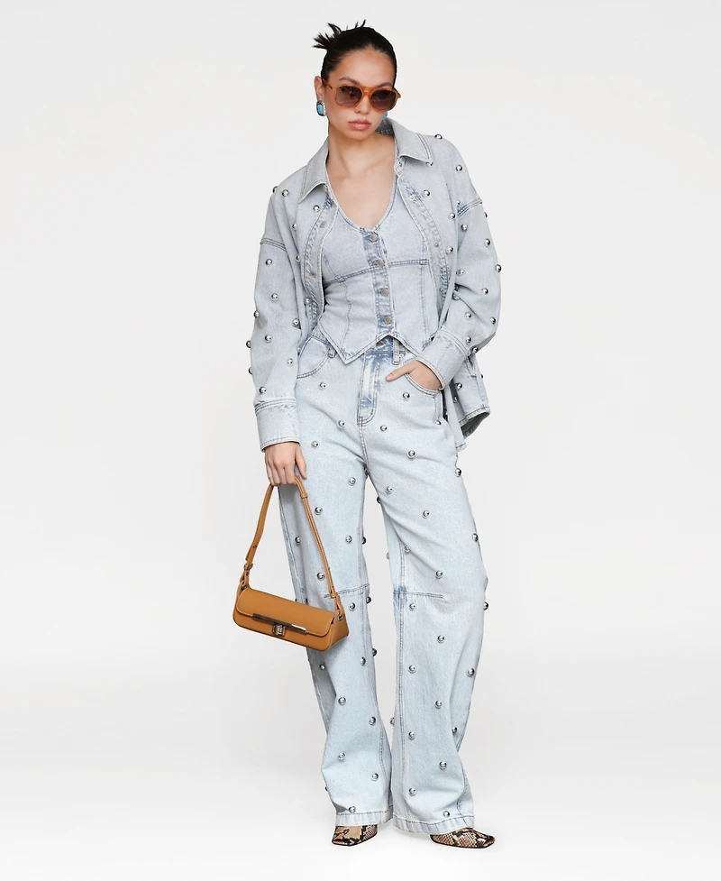 Avec Les Filles Women's All Over Stud Straight Leg Denim Jeans