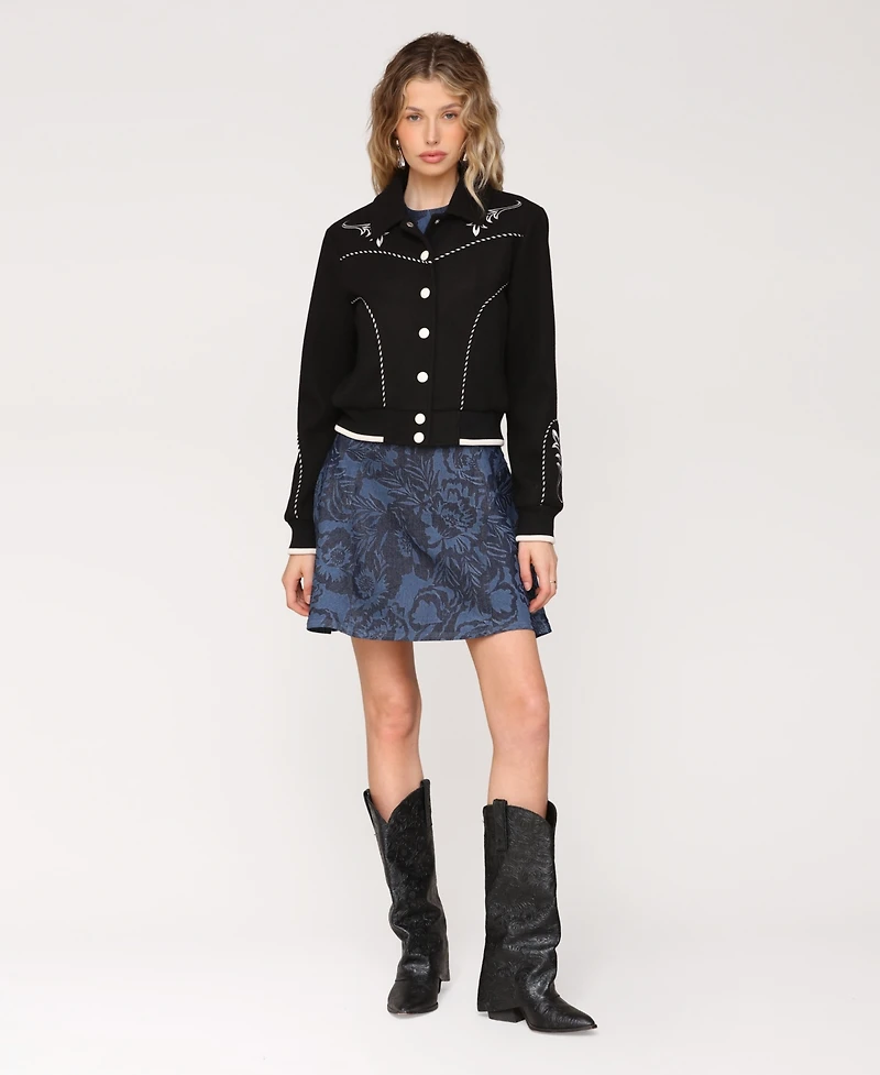 Avec Les Filles Women's Western Bomber Piping and Embroidery Jacket