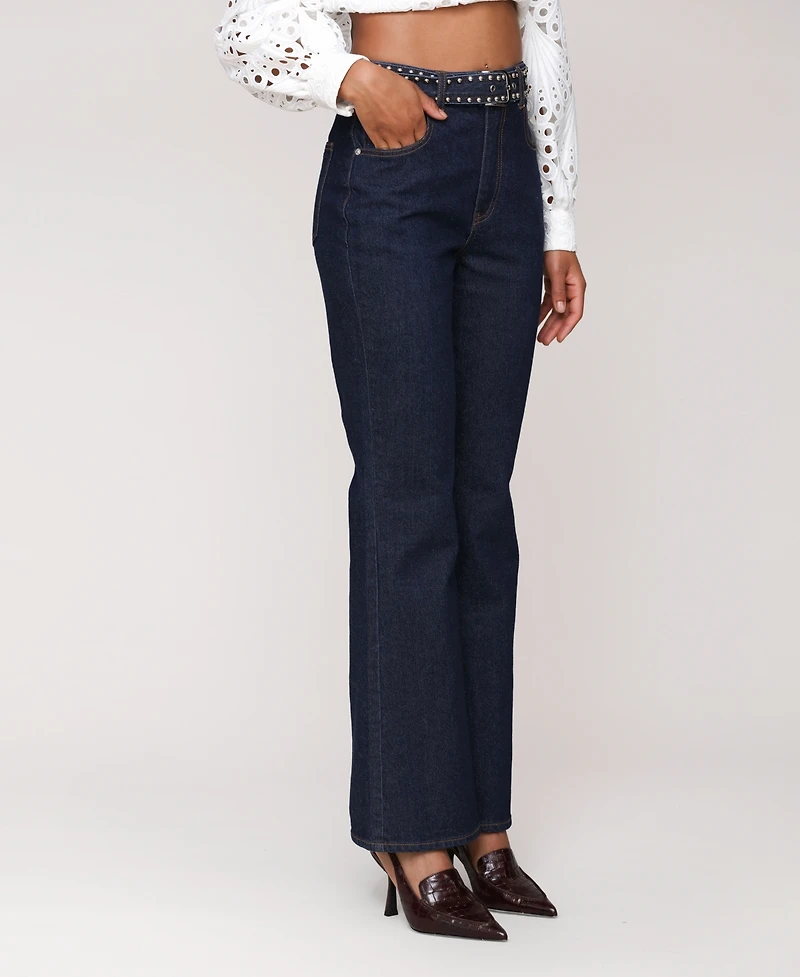 Avec Les Filles Women's Studded Belt High Rise Boot Cut Jeans