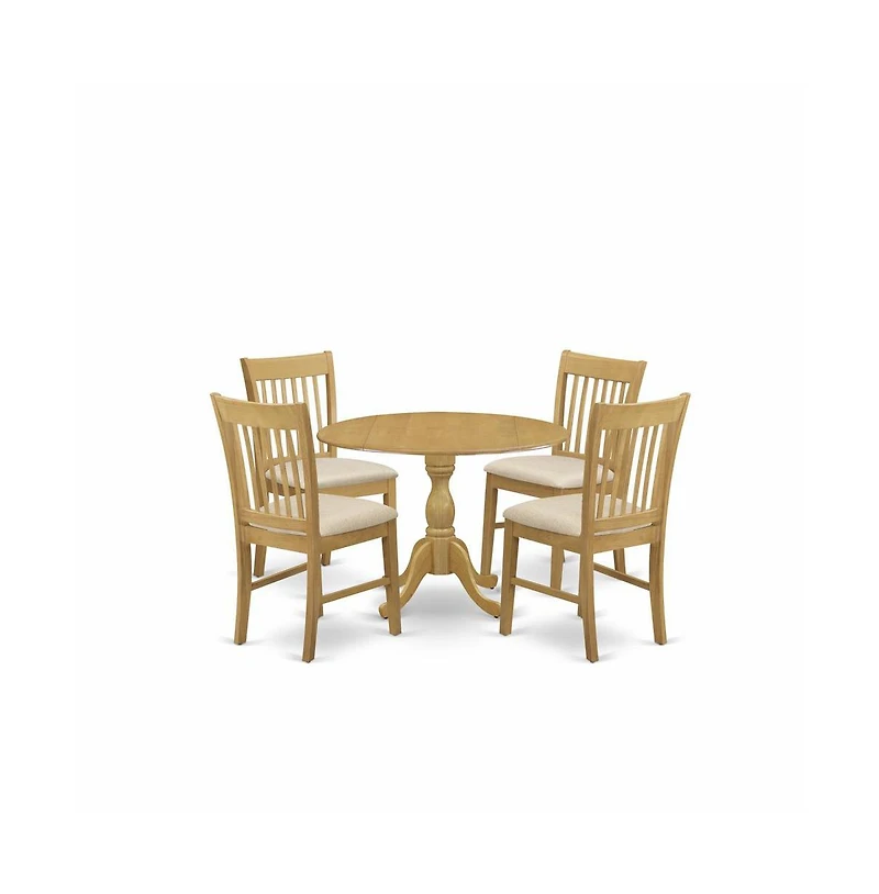East West Furniture 5 Piece Dining Room Table Set - Oak Modern Dining Table and 4 Oak Linen Fabric Dining Room Chairs with Slatted Back - Oak Finish
