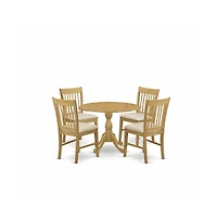 East West Furniture 5 Piece Dining Room Table Set - Oak Modern Dining Table and 4 Oak Linen Fabric Dining Room Chairs with Slatted Back - Oak Finish