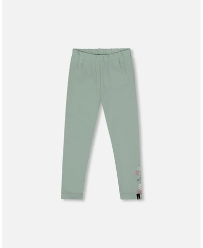 Deux par Girl Cotton Jersey Leggings Jade Green with Floral Detail - Toddler|Child