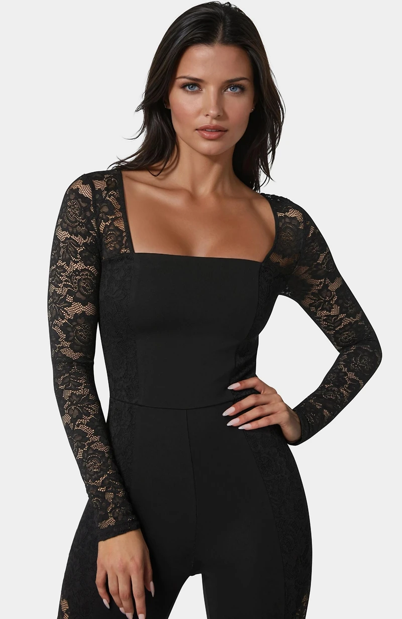 Bebe Women's Lace Combo Cat Suit