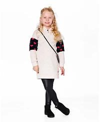 Deux par Girl Hooded Glittering French Terry Dress Beige with Heart Bag - Toddler|Child