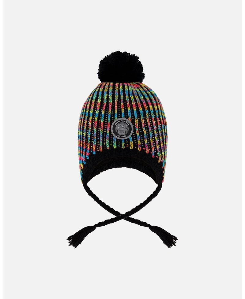 Deux par Girl Lined Peruvian Knit Pompom Hat Black and Multicolor - Toddler|Child