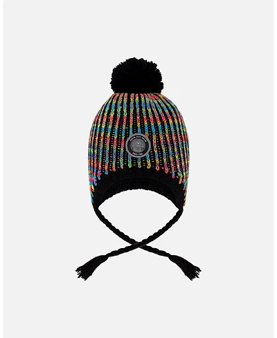 Deux par Girl Lined Peruvian Knit Pompom Hat Black and Multicolor - Toddler|Child