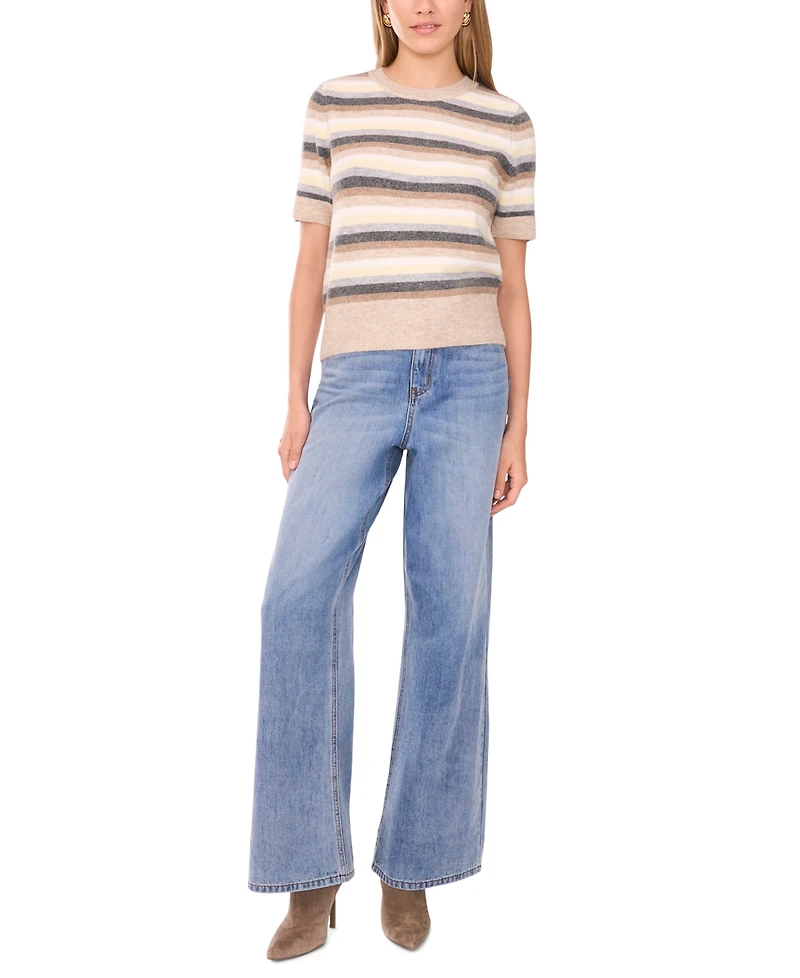 1.state Women's Multi Color Stripe Short Sleeve Crewneck Sweater