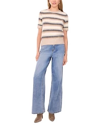 1.state Women's Multi Color Stripe Short Sleeve Crewneck Sweater
