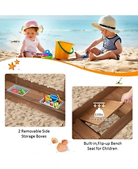 Kids Wooden Sandbox with Bottom Liner and Red Flags