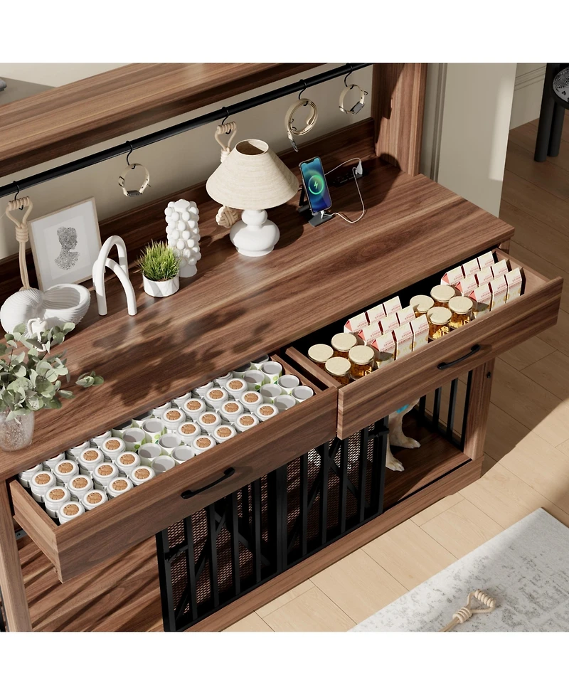 Casainc 55.1" kitchen Cabinet Dog Crate Cage Table with 2 Storage Drawers and Shelves