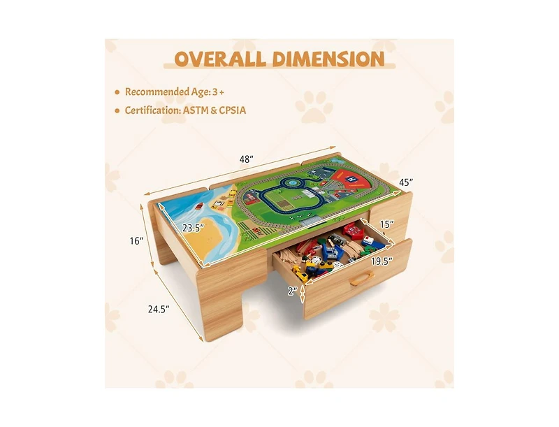 Kids Double-Sided Wooden Train Table Playset with Storage Drawer