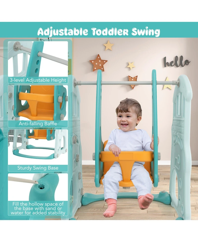 Toddler Slide and Swing Set with Extra-Long Slide, Height Adjustable Swing, Basketball Hoop, and Climber