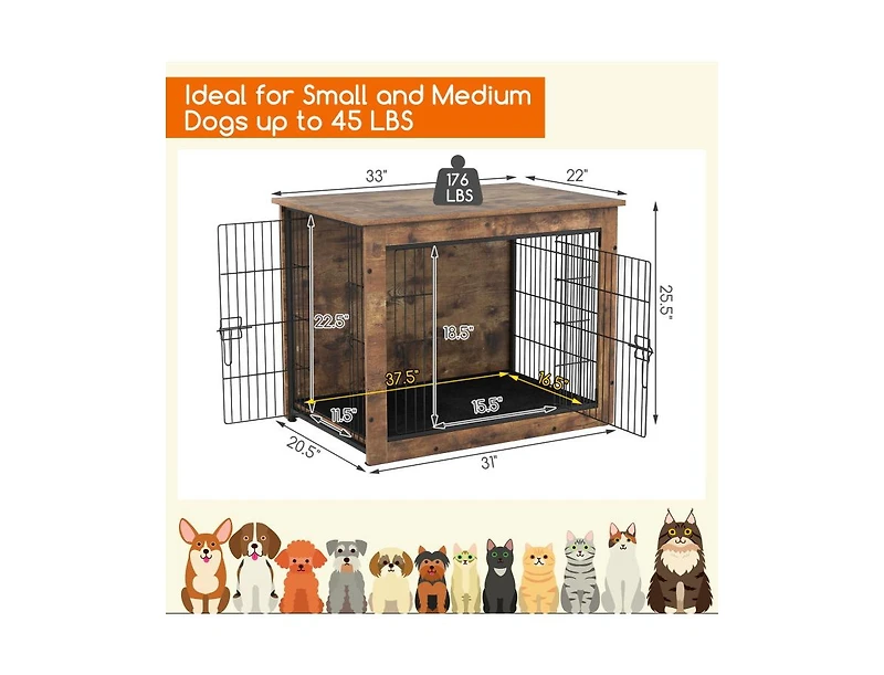Dog Crate Furniture with Cushion and Double Doors for Small/Medium Dogs